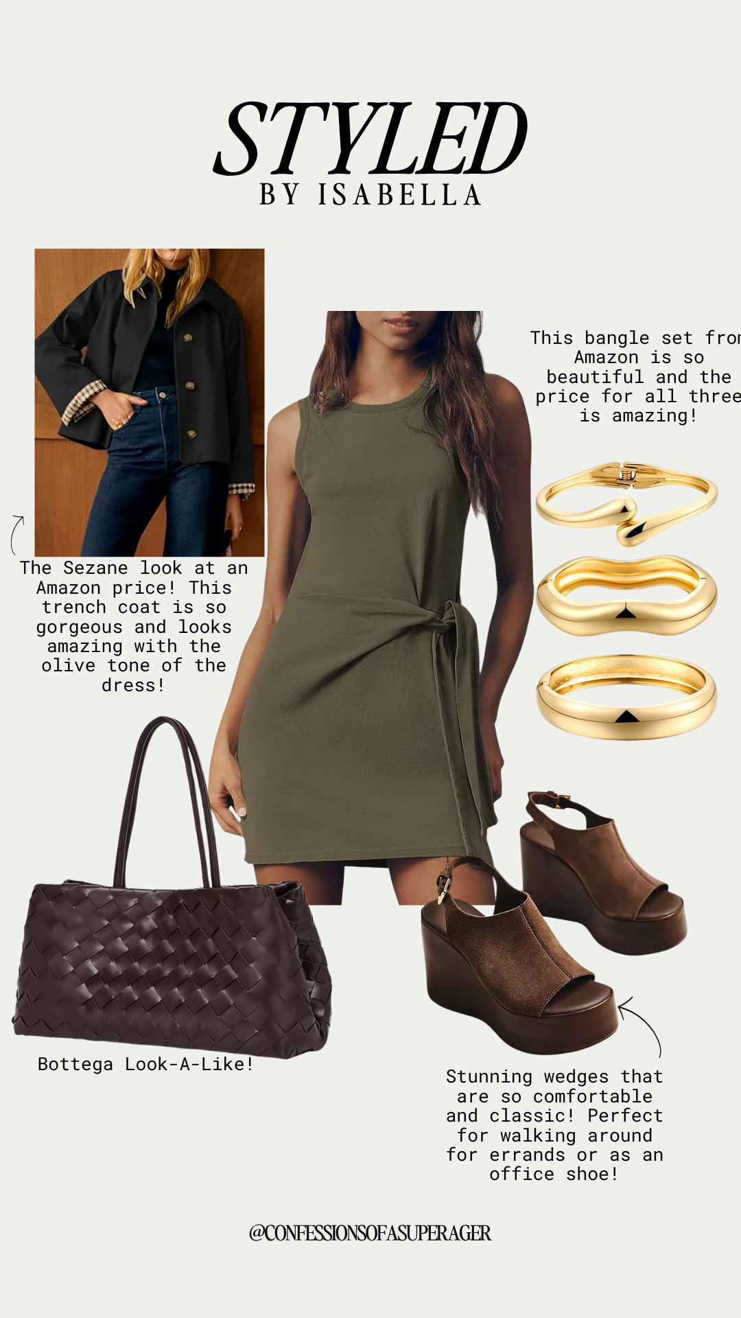 Effortless elevated everyday style 🤎 This chic olive wrap dress is the perfect flattering staple, paired with a Sézane-inspired trench, woven designer-look tote, and comfortable platform wedges for a polished yet wearable look. Finished with a luxe gold bangle stack, this outfit is giving timeless, neutral, capsule wardrobe vibes you can wear from work to weekend. Think affordable luxury, Amazon fashion finds, and versatile pieces you’ll reach for on repeat—shop now before they sell out! #liketkit #amazonfashion #neutralstyle #effortlessstyle #capsulewardrobe #affordableluxury #everydaystyle #workwearstyle #over40style #classicstyle #springoutfits #fallfashion #chicstyle #fashionfinds 

 

#LTKSeasonal #LTKOver40 #LTKSaleAlert