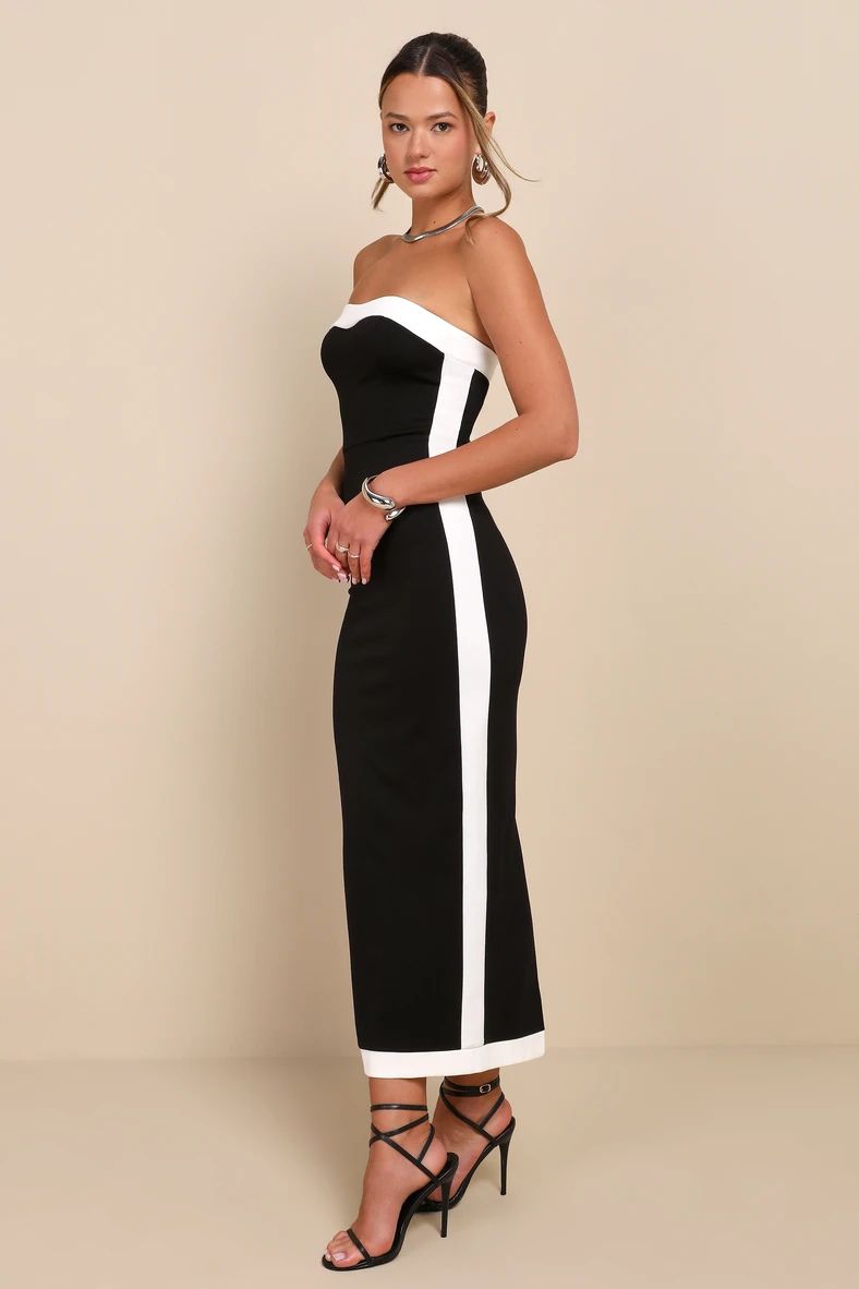 Impressive Edge Black Color Block Strapless Midi Dress | Lulus (US)
