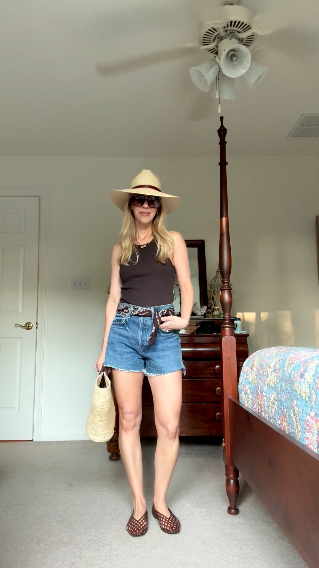 Casual summer outfit over 40 with brown tank, brown bandana scarf and cutoff denim shorts

#LTKSeasonal #LTKOver40 #LTKSaleAlert