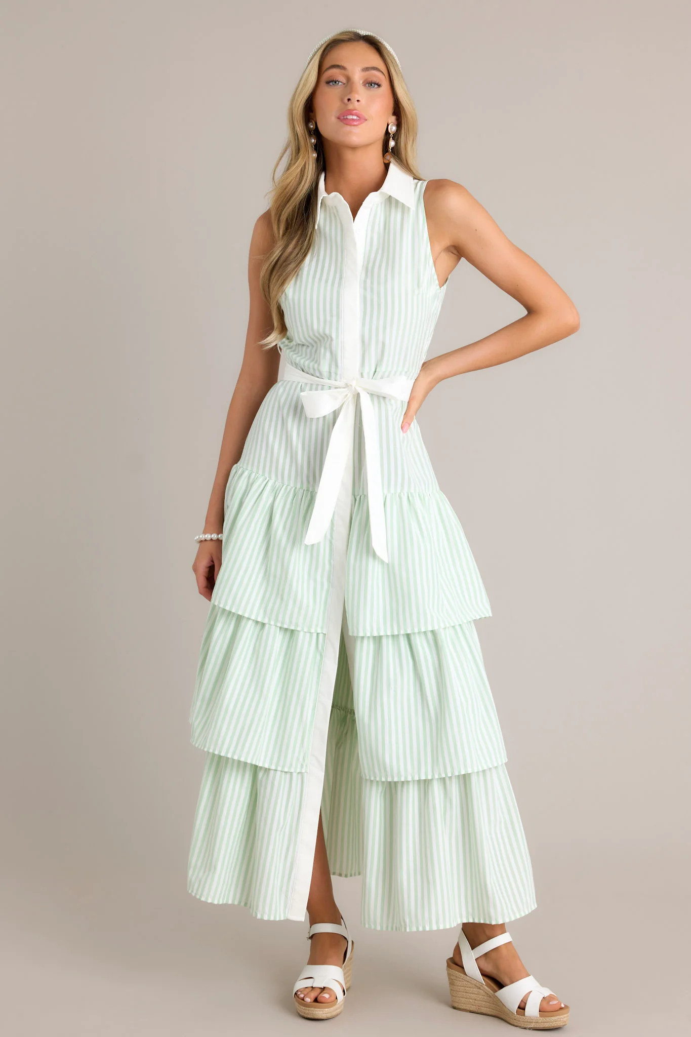 Treasure Trove Mint Green Stripe Button Front Maxi Dress | Red Dress