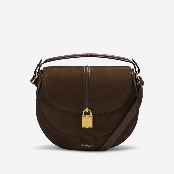 The Siena Saddle | Mocha Suede & Mocha Small Grain | Demellier | DeMellier