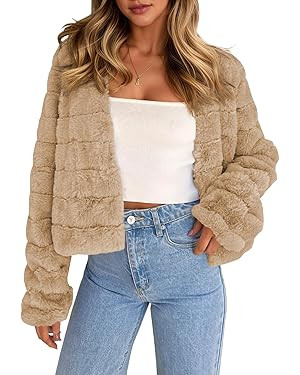 Fisoew Womens Cropped Faux Fur Jackets Long Sleeve Open Front Fluffy Short Coats | Amazon (US)