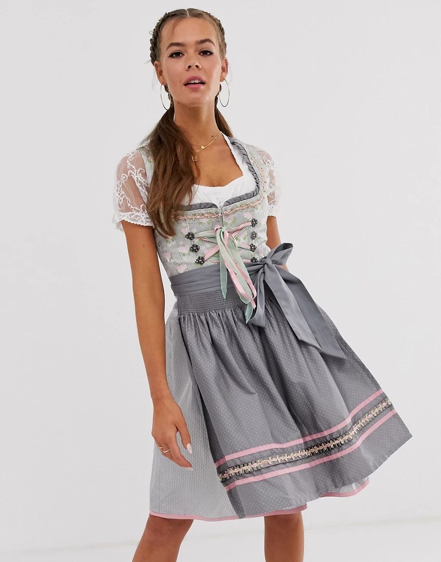 Vestido dirndl de largo medio con delantal para el Oktoberfest de Stockerpoint-Gris | ASOS (Global)