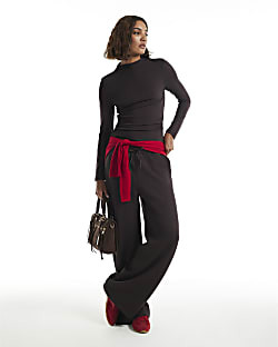 Brown Premium Drawstring Wide Leg Joggers | River Island UK & IE