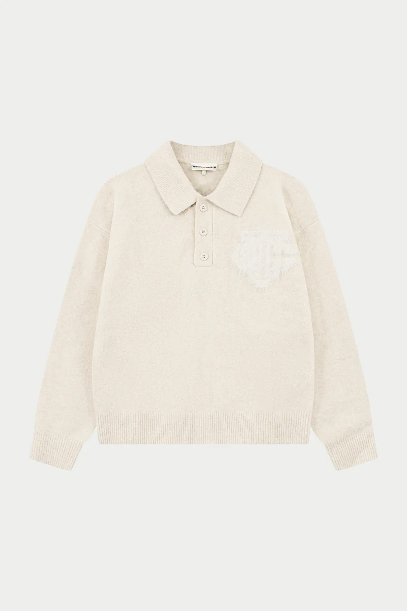 MONOGRAM EMBLEM FLUFFY KNIT POLO - BEIGE | The Couture Club