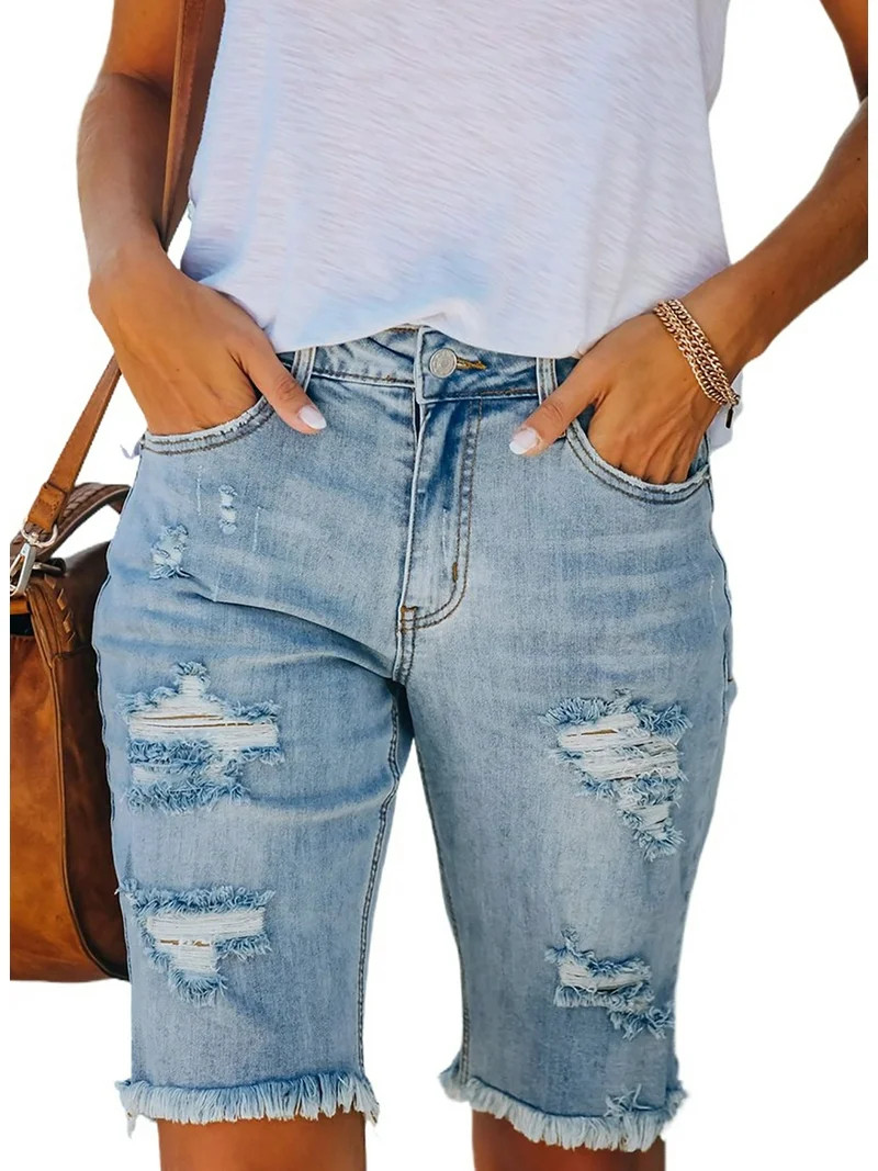 DOKOTOO Bermuda Jean Shorts for Women Casual Mid Rise Ripped Distressed Denim Shorts Sky Blue Siz... | Walmart (US)