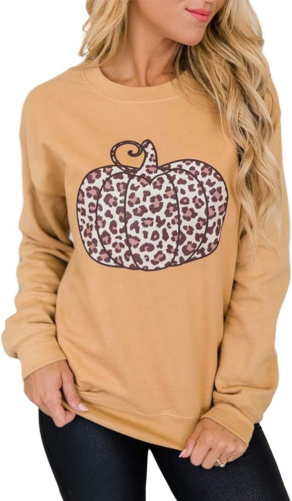 Jeemery Women's Leopard Print Pumpkin Graphic Sweatshirts Crewneck Long Sleeve Casual Loose Fit P... | Amazon (US)