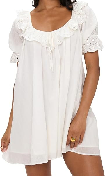 Womens Eyelet Babydoll Dress Ruffle Collar Puff Sleeve Scoop Neck Tie Back Mini Short Dresses | Amazon (US)