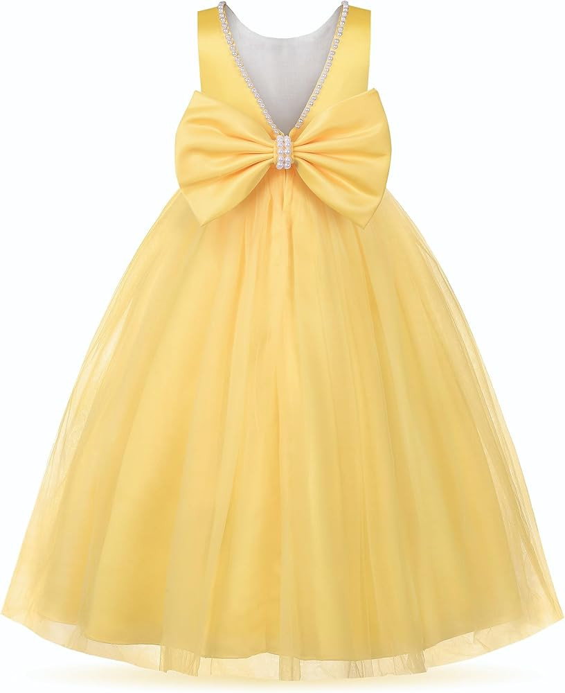 Uhnice Flower Girl Pearls Dress V-Back Tulle Ball Gown Satin Prom with Bow-Knot for Wedding Pagea... | Amazon (US)