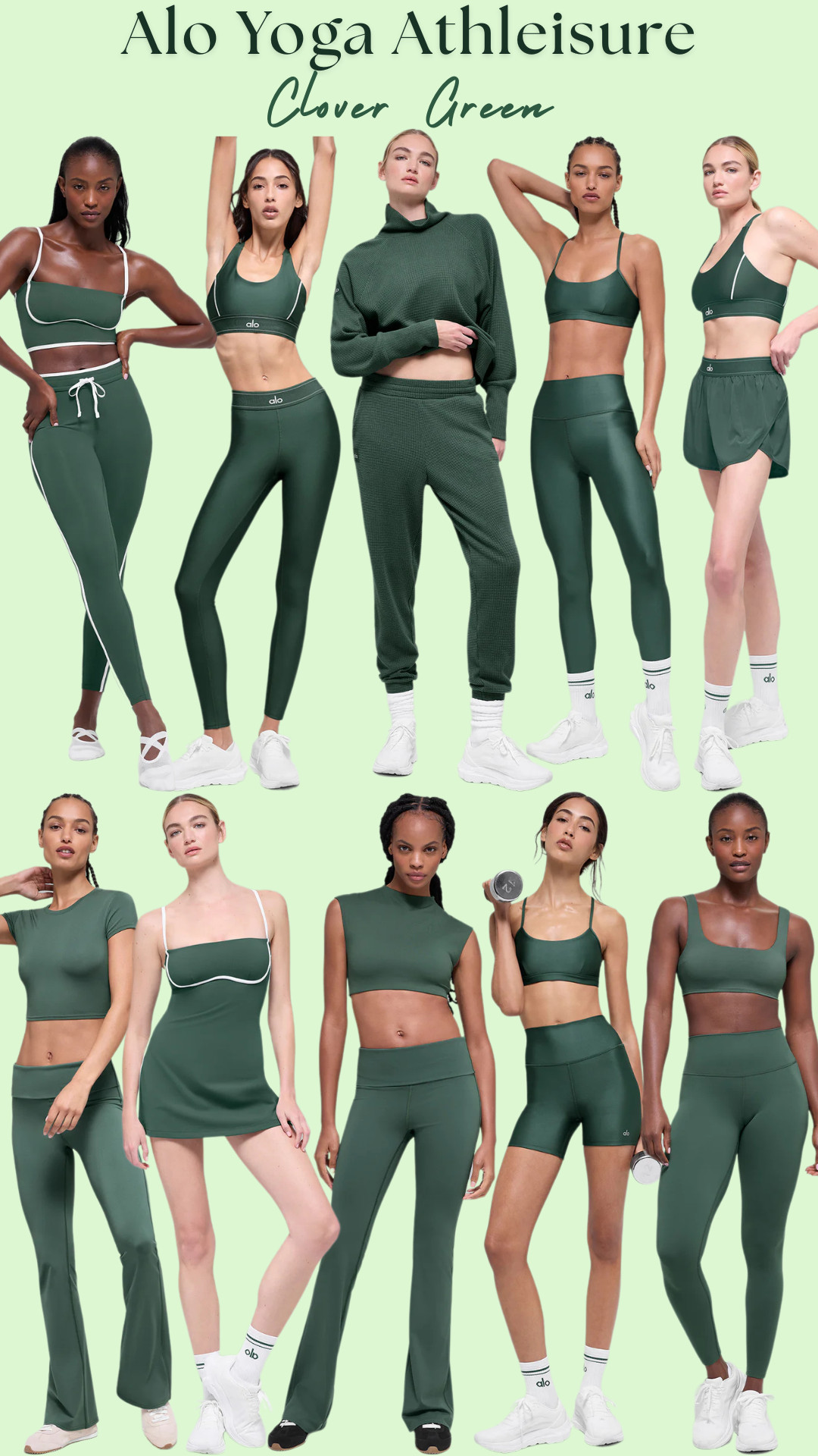 @Alo Yoga Elevated Athleisure | Clover Green 🍀 

The Clover Green Alo edit that makes activewear look instantly more E X P E N S I V E!!

I did the digging for you — if you’re upgrading your summer athleisure drawer, this is one of the colors I’d start with first because it feels elevated, wearable, and so easy to style beyond the gym.

Clover Green gives that sporty-chic, clean girl, quiet luxury activewear look without feeling too loud. 

It’s flattering, polished, and still practical for real life — Pilates, hot girl walks, coffee runs, travel days, errands, casual weekends, tennis-core outfits, gym days, or throwing on when you want to look put together with almost zero effort.

The best part is how versatile these pieces are. 

Wear the matching sets for a sleek monochrome moment, pair the bras and tanks with white shorts or linen pants, style the skirts with sneakers and crew socks, or throw the green pullover over leggings for that effortless off-duty Alo look.

This shade also mixes so well with white, cream, black, tan, denim, gold jewelry, baseball caps, slick buns, and your everyday sneakers — so it feels less like a random trendy buy and more like a smart wardrobe upgrade you’ll keep reaching for.

If you want activewear that feels polished, flattering, and wearable way beyond workouts, Clover Green is the color I’d grab before the best pieces sell out.

↓ Everything is linked!

#LTKActive #LTKSaleAlert #LTKTravel