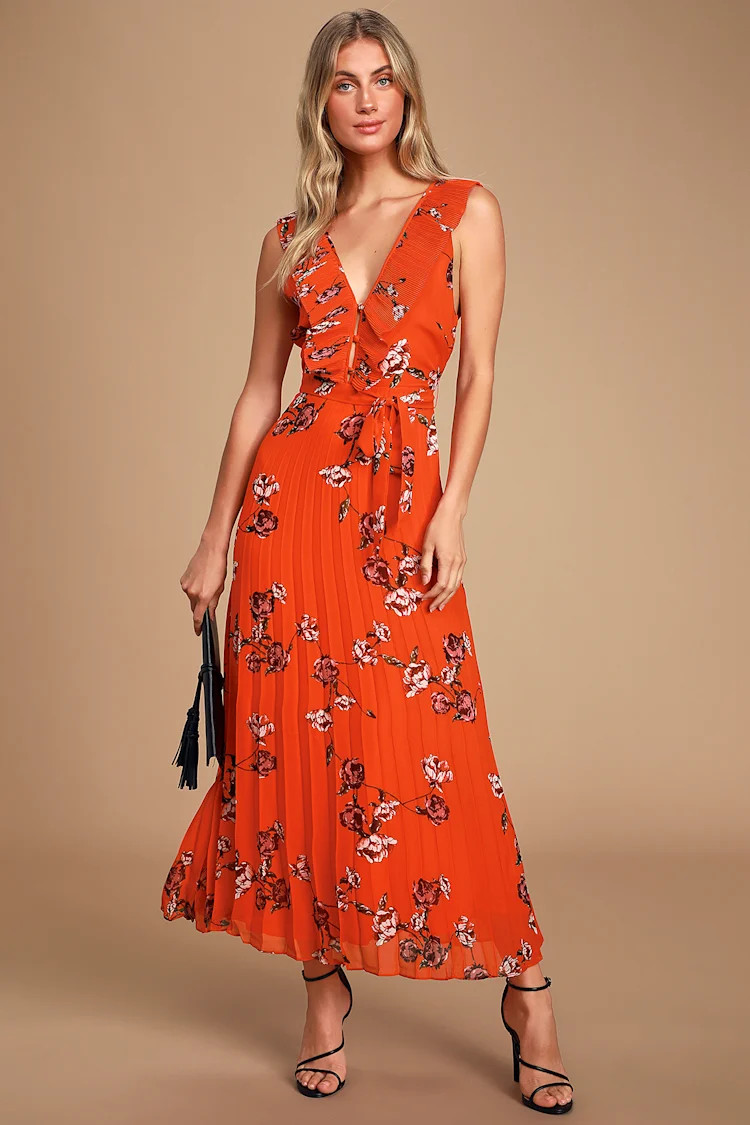 Loved By You Red Orange Floral Print Pleated Chiffon Maxi Dress | Lulus (US)