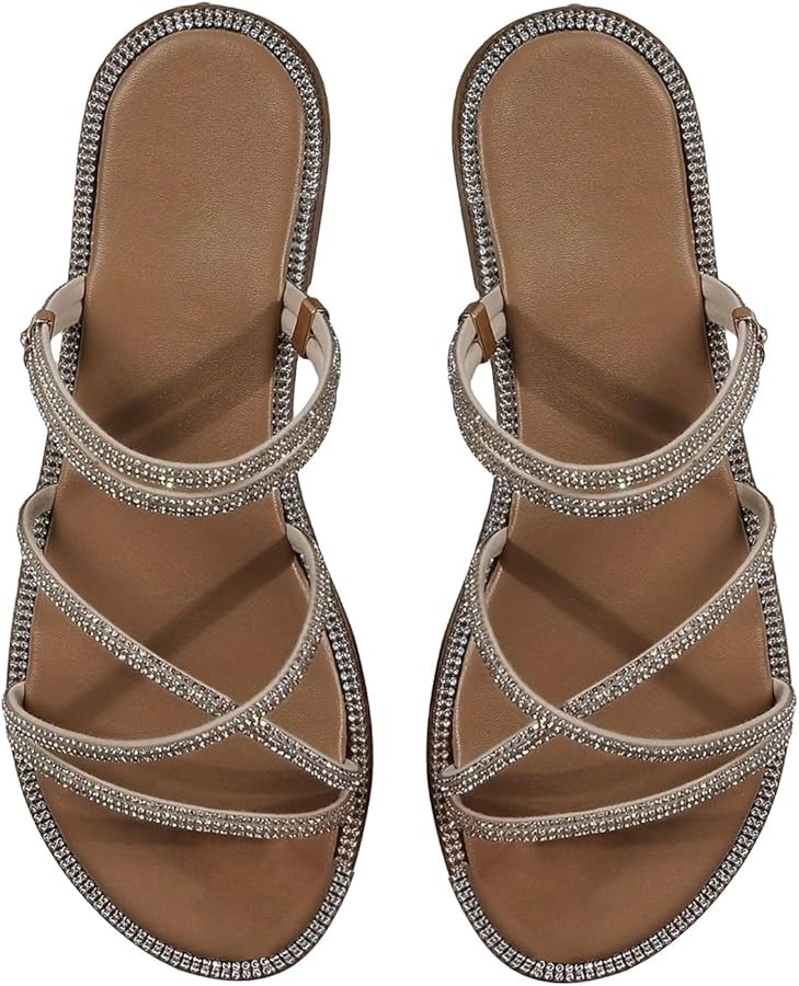 GORGLITTER Women's Rhinestone Strappy Flat Sandals Criss Cross Slip on Slide Sandals | Amazon (US)