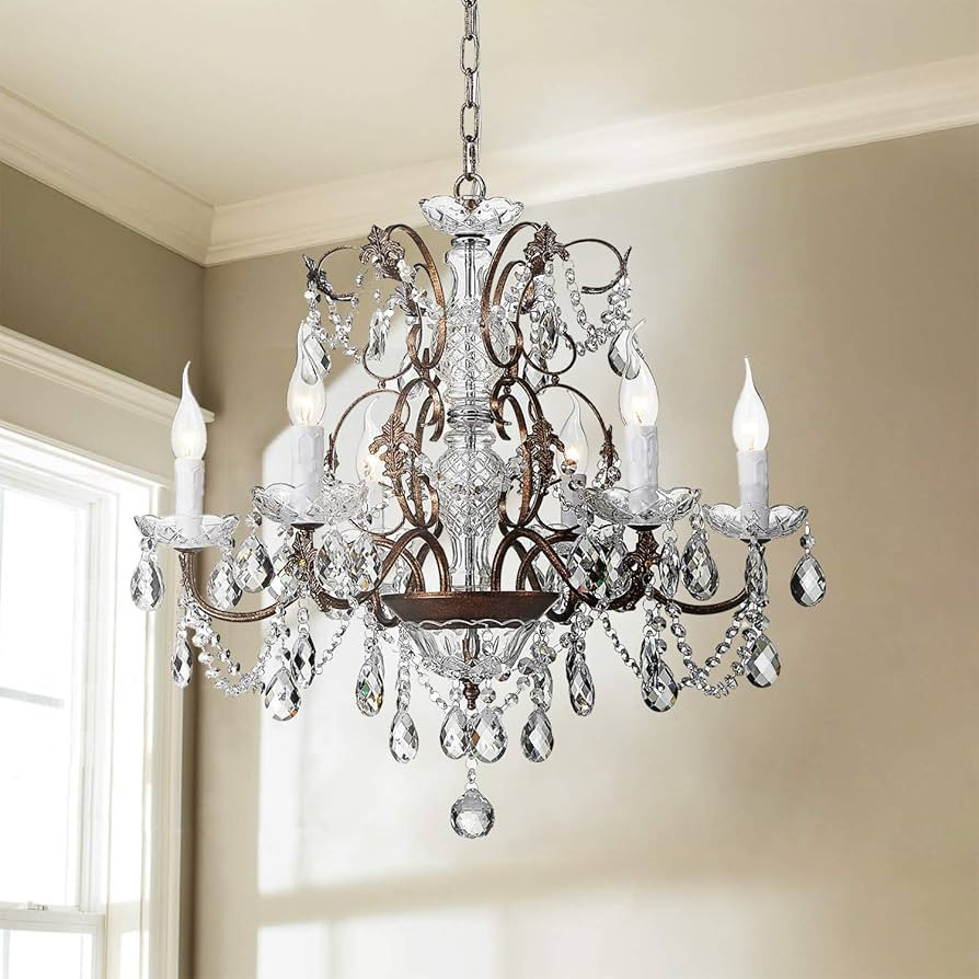 Saint Mossi 6-Light Crystal Chandelier - Farmhouse Rustic Pendant Light Fixture for Bedroom, Dining Room, Living Room - H23 x W24, Chain Adjustable | Amazon (US)
