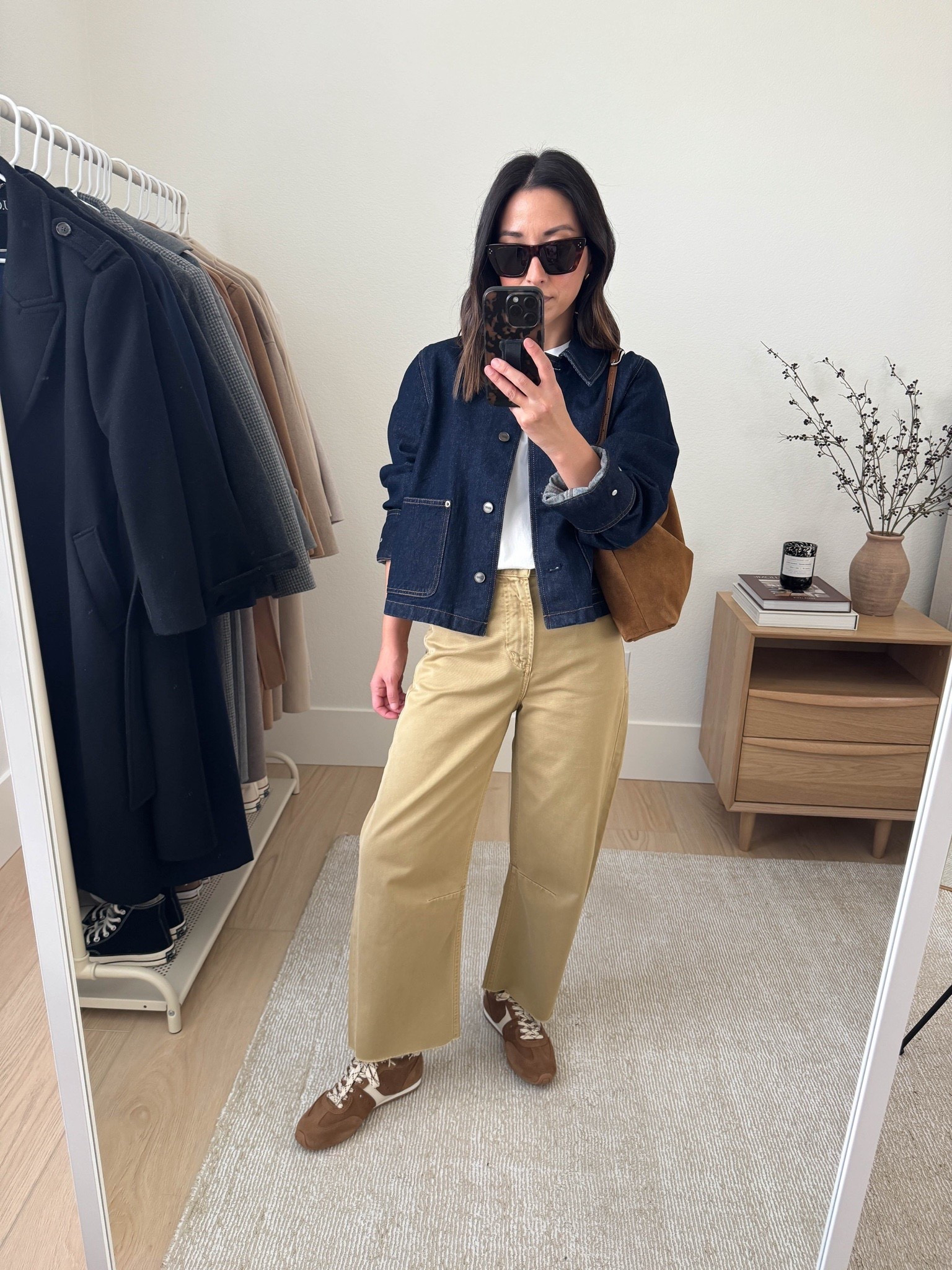 Citizens of Humanity Miro jeans  - truly, love these so much!  A slight barrel that's so flattering. Run long, so I cut the hems. These do run big, so size down. 

J.Crew swing barn jacket small
Madewell tee xs
Citizens of Humanity Miro jeans 23, run very big, cut hems. 
Larroude sneakers 6, run small
Liffner shoulder bag 
Celine sunglasses

Fall outfits, fall style, petite style 

#LTKPetite #LTKStyleTip #LTKSeasonal