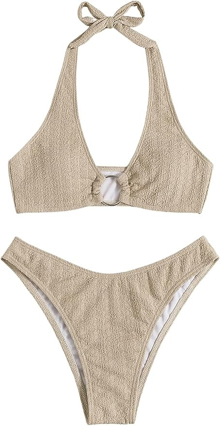 SweatyRocks Women's 2 Piece Swimsuit Solid Halter High Cut Bikini Bathing Suit | Amazon (US)