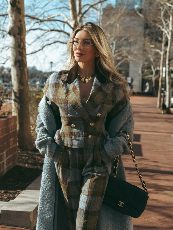 Manifestation music on repeat today 💙 
This plaid ROARI trousers and blazer combo is a current favorite. I love the contrast of the denim Chanel 22 against the suit, plus classic Mary Janes by Sam Edelman. Topped it off with Gucci aviators for that vintage feel. 

#ootd #plaid #businesscasual 

 #LTKSpringSale #LTKdayinmylife #LTKootd