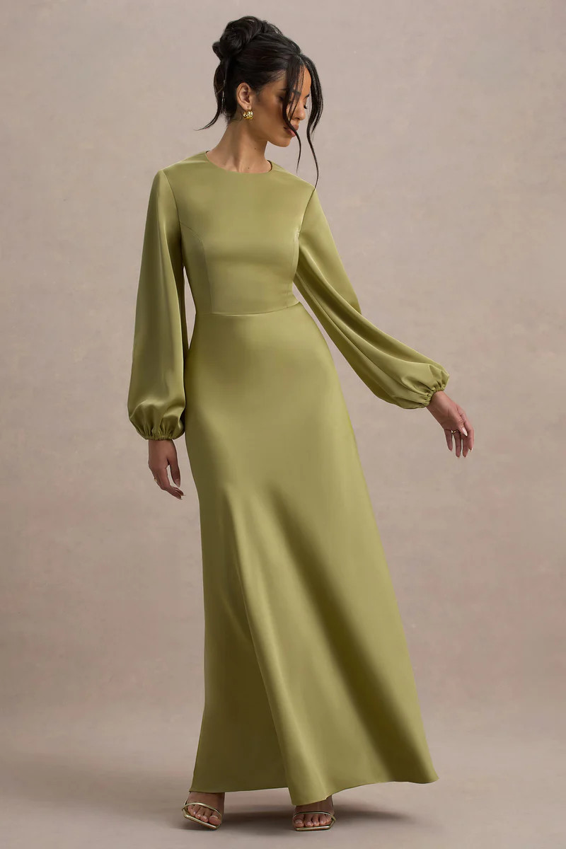 Crawley  Light Green Satin Puff-Sleeve Maxi Dress | Club L London
