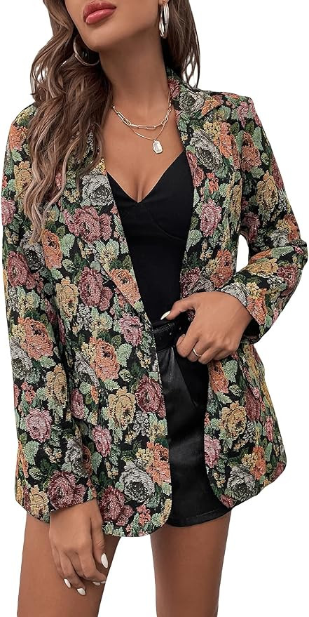 WDIRARA Women's Floral Print Lapel Neck Single Button Lightweight Jacket Blazer with Pocket | Amazon (US)