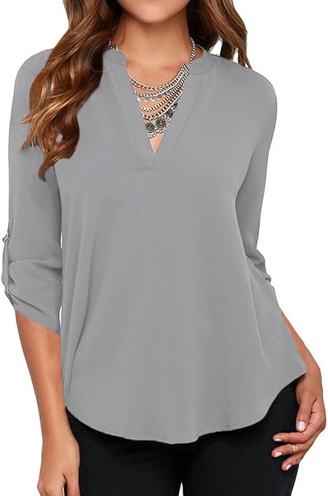 roswear Women's Casual V Neck Cuffed Sleeves Solid Chiffon Blouse Top | Amazon (US)