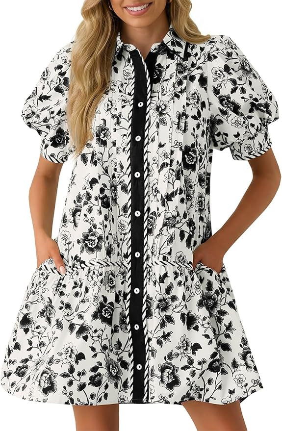 Wenrine Womens Mini Dress Summer Casual Short Puff Sleeve Floral Collared V Neck Loose Button Dow... | Amazon (US)