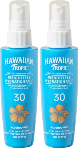 Hawaiian Tropic Weightless Hydration Water Mist for Face SPF 30, 2.1Fl Oz, Travel Size SPF Face Hydrating Spray, Non-Comedogenic Sunscreen Facial Mist, Non-Aerosol Sunscreen Spray, 2.1Fl Oz(Pack of 2) | Amazon (US)