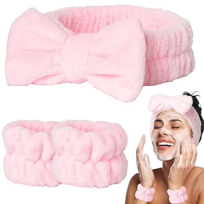 3 PCS Pink Spa Headbands and Wrist Set for Women Girls- Face Wash Headband Wristband Set, Soft Fa... | Amazon (US)