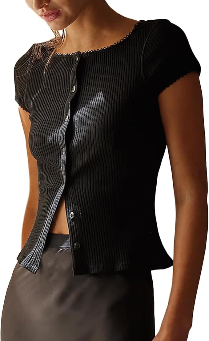 Women Button Up Top Cap Sleeve Rib Kint Picot Trim Shirt Slim Fit Y2k Casual Basic Cardigan Tops | Amazon (US)