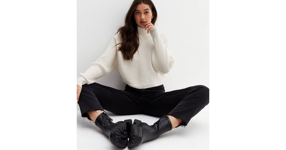 Off White Ribbed High Neck Crop Jumper | New Look | New Look (UK)
