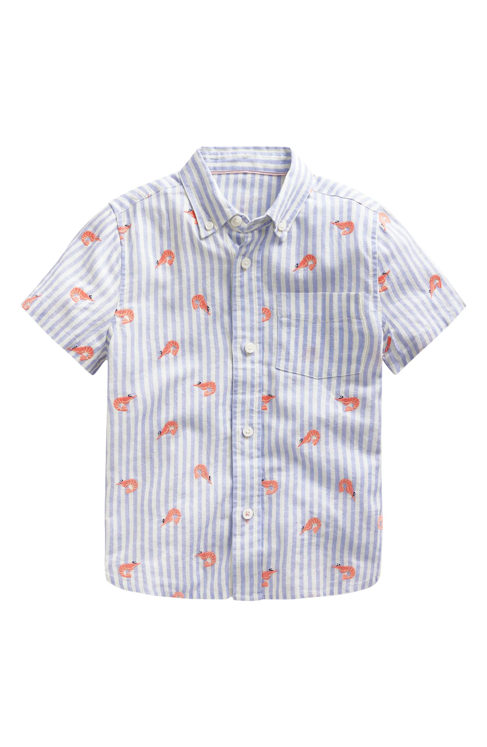 Mini Boden Kids' Stripe Prawn Embroidered Short Sleeve Linen & Cotton Button-Down Shirt | Nordstr... | Nordstrom