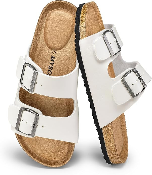 mysoft Womens Flat Sandals Cork Footbed Slides with 2 Straps | Amazon (US)