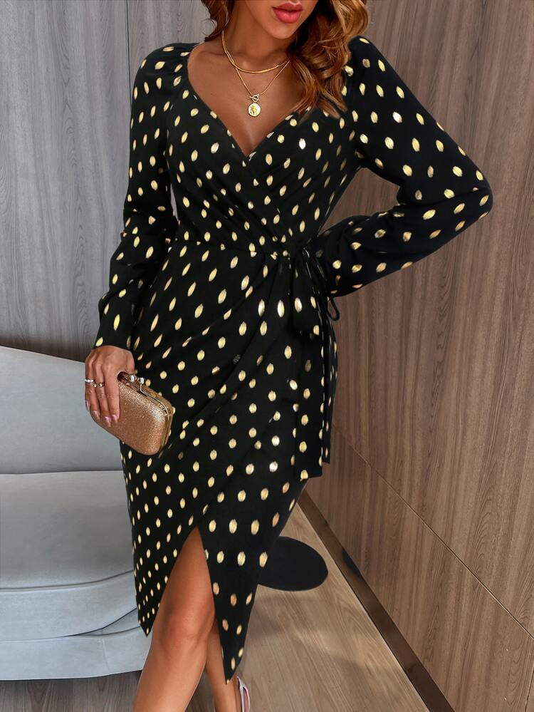 Gold Dot Print Sweetheart Neck Wrap Knot Side Dress | SHEIN