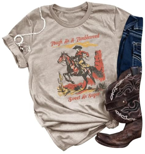 Western Cowboy Vintage Graphic Shirts for Women Cowgirl Country Music Concert Tshirts Funny Retro Rodeo Tops(Large,Cream Grey1) | Amazon (US)