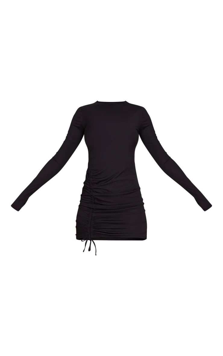 Black Rib Asymmetric Ruching Detail Bodycon Dress | PrettyLittleThing US