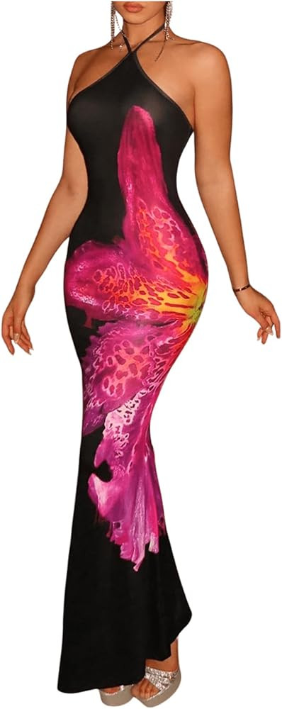 Floerns Women's Flower Print Sleeveless Halter Dress Cocktail Bodycon Maxi Dress | Amazon (US)