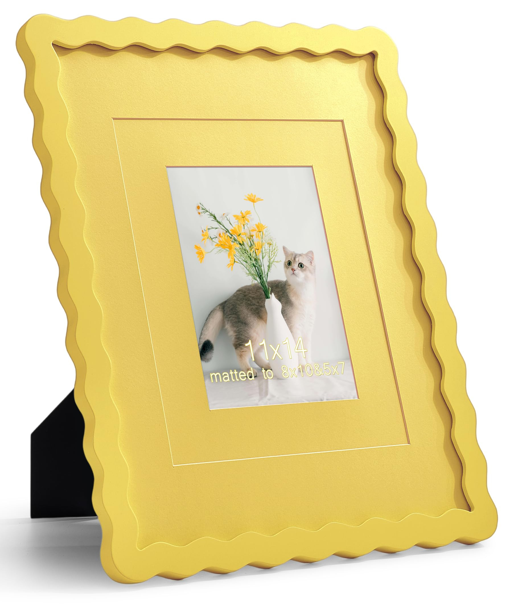 11x14 Yellow Picture Frame with Mat for 8x10/5x7, Curved Wavy Edge Deco Wooden Real Glass, Vertic... | Amazon (US)