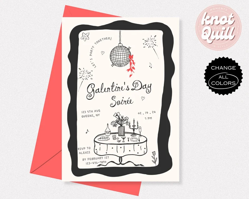 Galentines DINNER INVITATION, Handdrawn Girls Valentine's Day Party Invite, Soiree, Illustrated W... | Etsy (US)