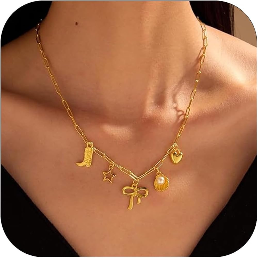 Choistily Charm Necklace Dainty Gold Charm Necklace for Women Paperclip Bow Necklace Coin Pendant... | Amazon (US)