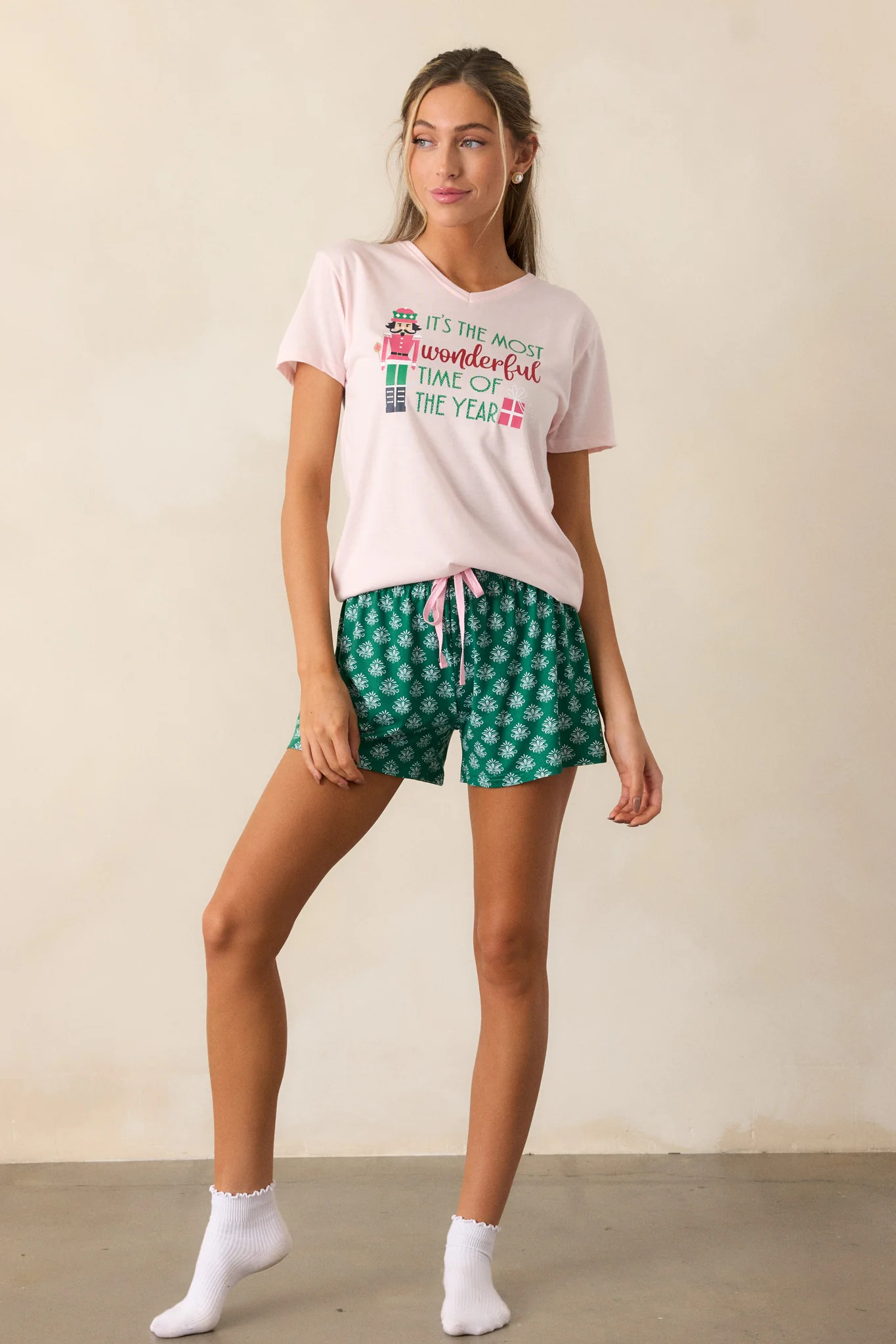 Dreamy Detours Green Fleur De Lis Pajama Shorts | Red Dress