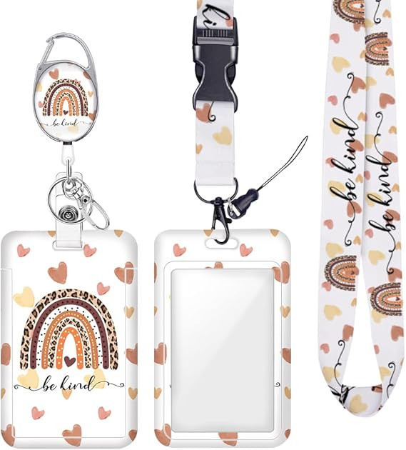 Be-Kind Id Badge Holder with Lanyard Retractable Badge Reel Boho Rainbow Heart Inspirational Frie... | Amazon (US)