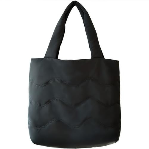 Puffer Tote Bag with Zipper, Large Tote Bag for Women, Quilted Puffy Tote Bag for College, Zippered Work Tote, Cute Black Pink Nylon Tote Bag for Women (Black) | Amazon (US)