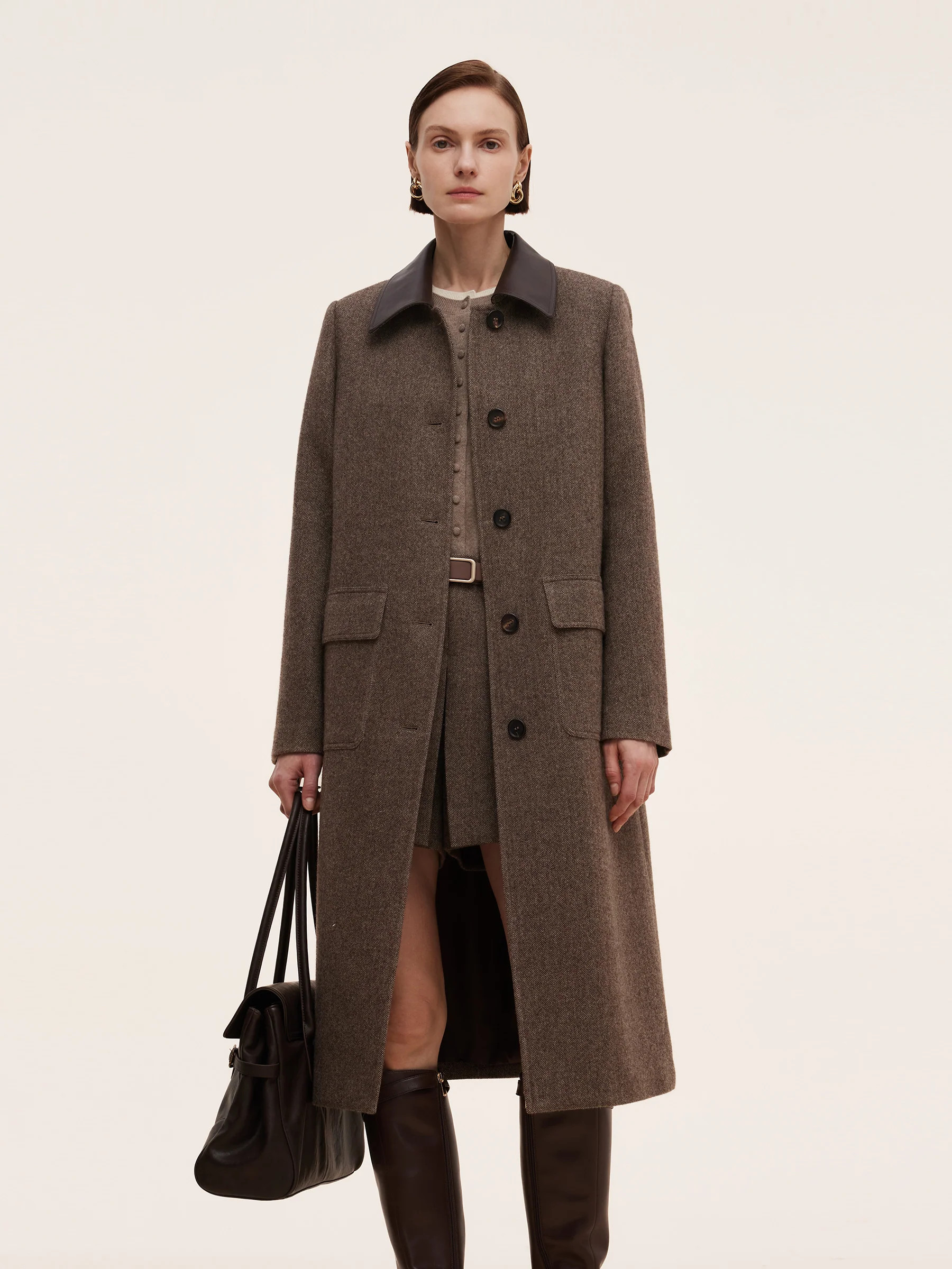 100% Washable Wool Leather Collar Women Coat | GOELIA