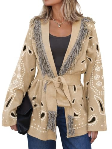 Cicy Bell Womens Fringe Cardigan Printed Long Sleeve V Neck Belt Sweaters | Amazon (US)