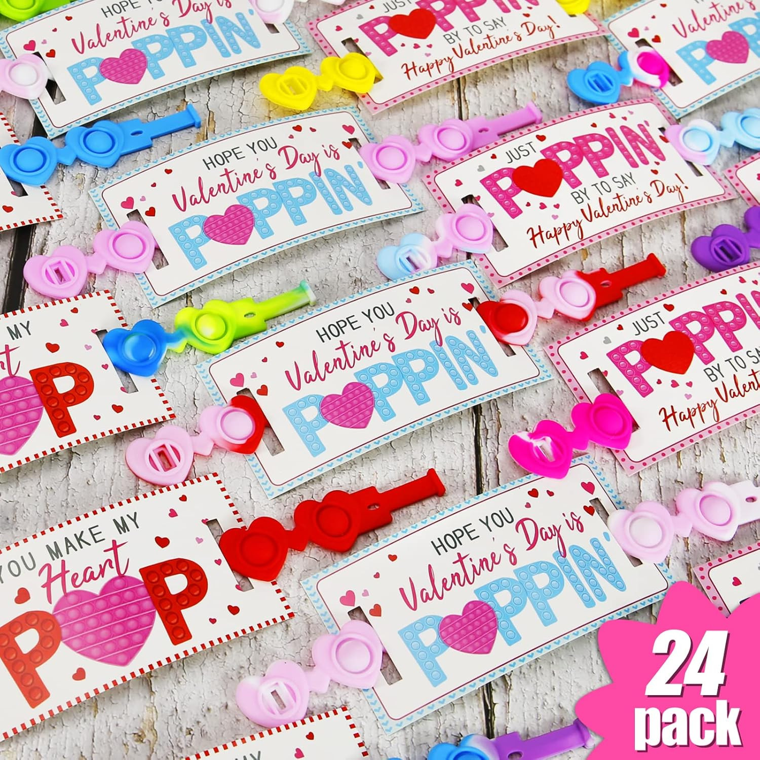 Valentines Day Gifts for Kids - 24 Pack Valentines Cards with Heart POP Bracelets - Sensory Fidge... | Amazon (US)