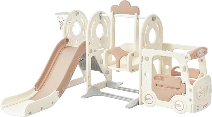 Merax 5-in-1 Kids Slide with Swing, Indoor Baby Slide Swing Set with Basketball Hoop, Climber & B... | Amazon (US)