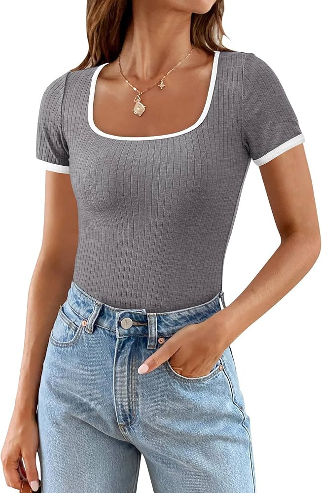 PRETTYGARDEN Womens Summer Short Sleeve T Shirts Ribbed Knit Square Neck Color Block Slim Fitted ... | Amazon (US)