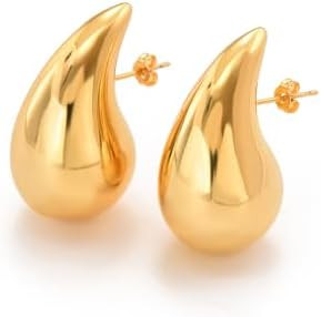 18K Earrings Dupes, Chunky Gold Hoop Earrings for Women, Lightweight Waterdrop Teardrop Hoops, Hy... | Amazon (UK)