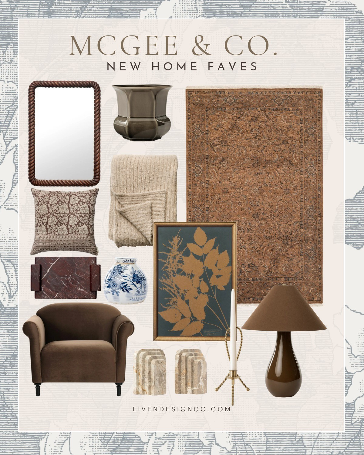 Mcgee and Co new home faves. Home decor. Wood accent mirror. Handwoven area rug. Botanical art. Accent chair. Brown tapered shade lamp. Chinoiserie ginger jar. Throw pillows. Throw blanket. Planter. Marble tray. Marble bookends. Candle holder. Wall sconce

#LTKSeasonal #LTKHome #LTKSaleAlert