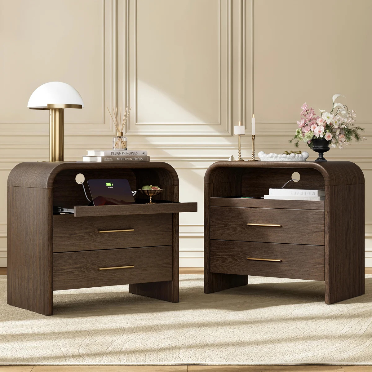 27" Wide Modern Curved Nightstand with Charging Station, 2 Drawers, Open Shelf and Pull-Out Tray ... | Wayfair North America