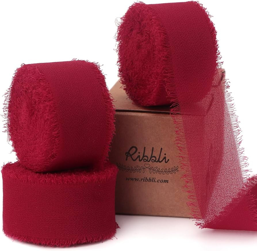 Ribbli Dark Red Ribbon 1 Inch x 3 Rolls Total 25 Yards Handmade Fringe Chiffon Silk Ribbon for Wr... | Amazon (US)