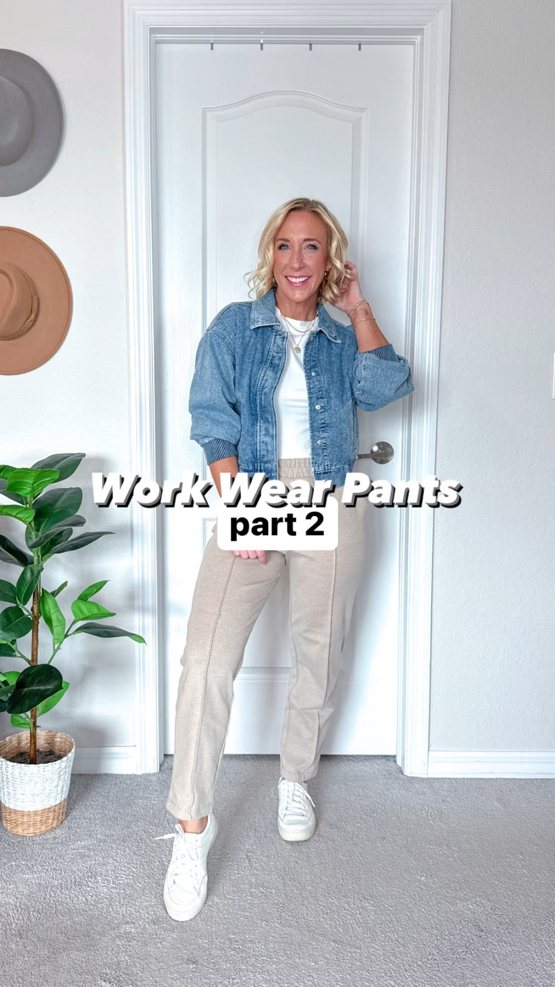 4 pairs of work wear pants - all under $40.
1. $25 pull-on pants - size XS. (I suggest sizing down). Color is brown. Feels like work legal sweatpants!
* flutter sleeve top - size small, but needed an xs.
2. $25 pull-on pants - size XS. Same as # 1. Color is oatmeal.
* black tank - size small. 
* black blazer - size medium. Use code LESLIEXSPANX.
* white tee - size small.
* denim bomber jacket - size XS.
3. Billie straight trouser - size XS. Color is burgundy. 
* white eyelet top - size small.
4. Wide leg trousers - size small (regular length). Color is brown. 

#LTKSeasonal #LTKWorkwear #LTKFindsUnder50